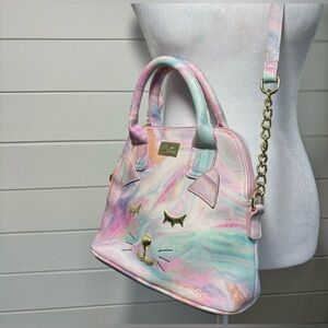 Luv Betsey  Satchel Crossbody Handbag Kitty Cat Face Pink Turquoise Purse
